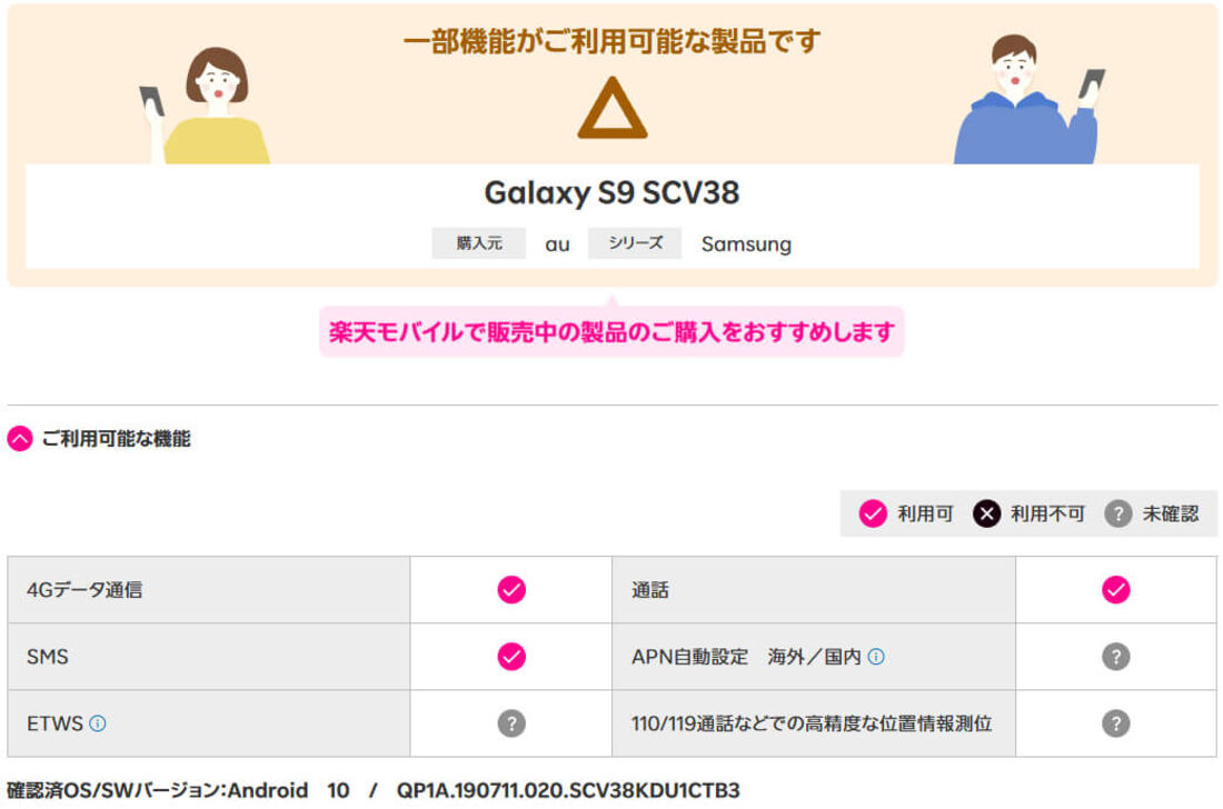 au版楽天モバイルでの対応状況