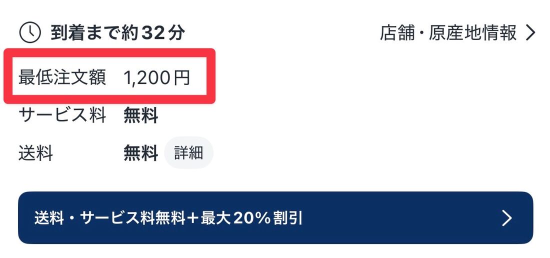 各店舗ごとに最低注文金額が設定されている