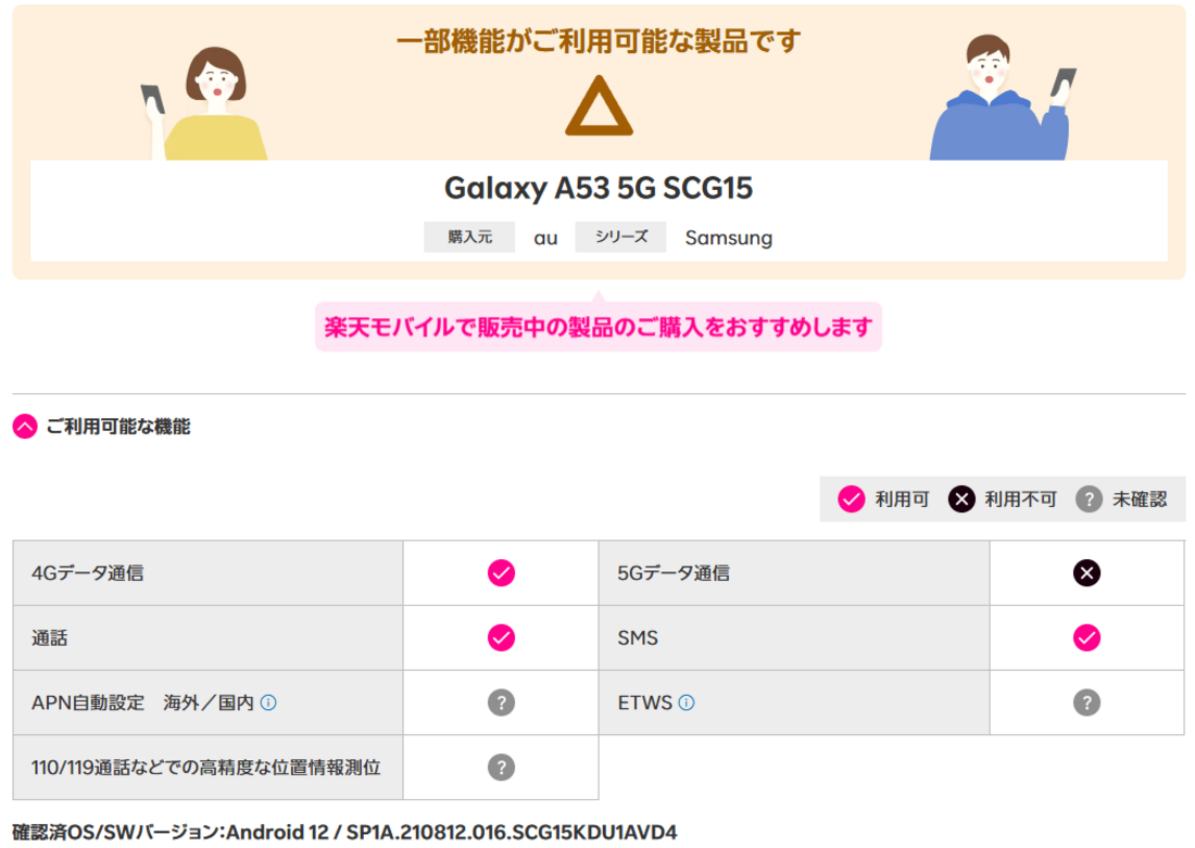 au版Galaxy A53対応状況