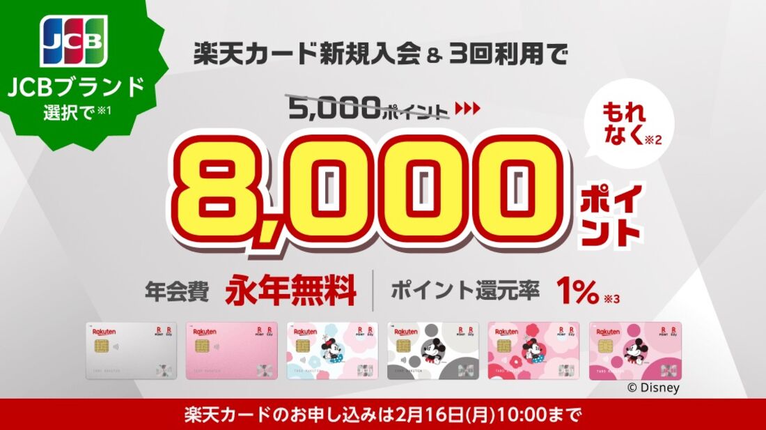 楽天カードJCBブランド選択で8000ポイント