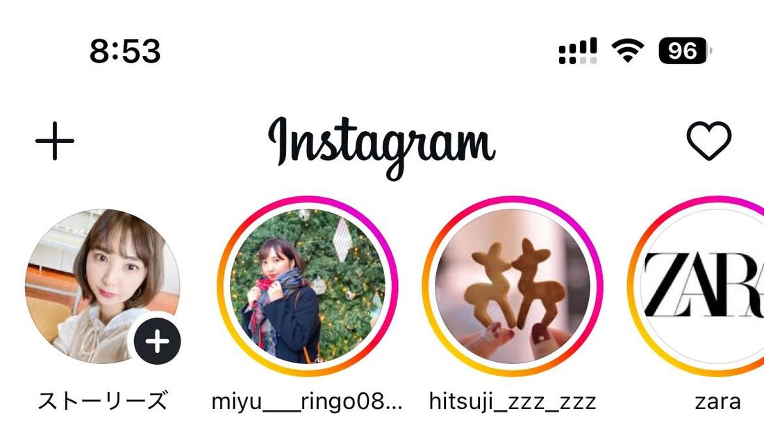 ストーリーは、フィード画面上部のストーリー欄（ストーリーズトレイ）に表示される