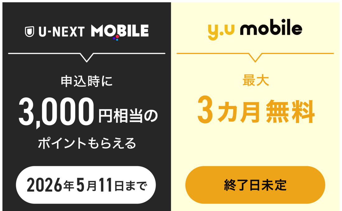 U-NEXTモバイル y.uモバイル キャンペーンで比較