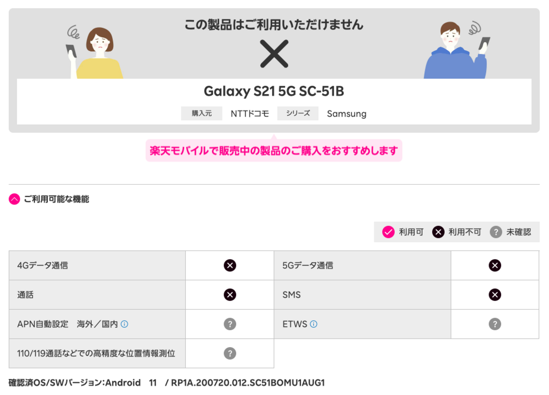 楽天モバイル ドコモ版Galaxy S21 5G SC-51B