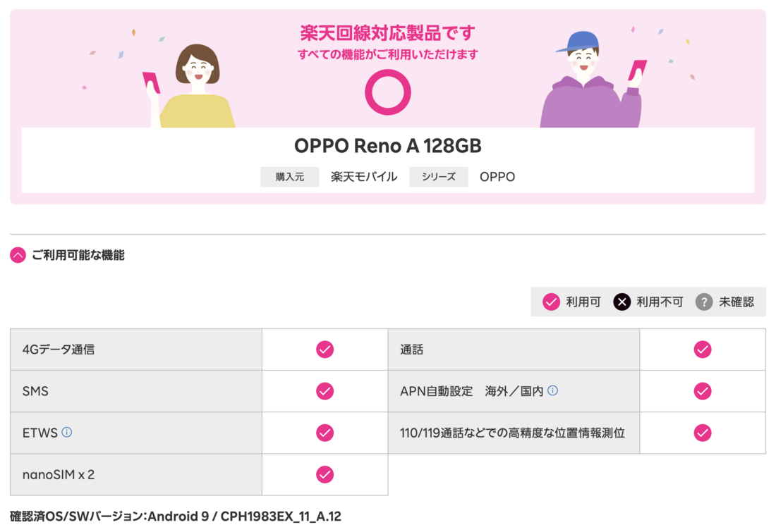 楽天モバイル 楽天モバイル版OPPO Reno A 128GB