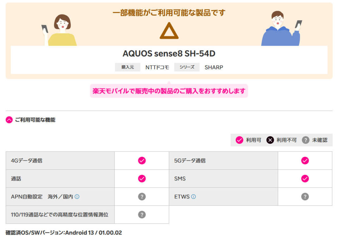 ドコモ版対応状況