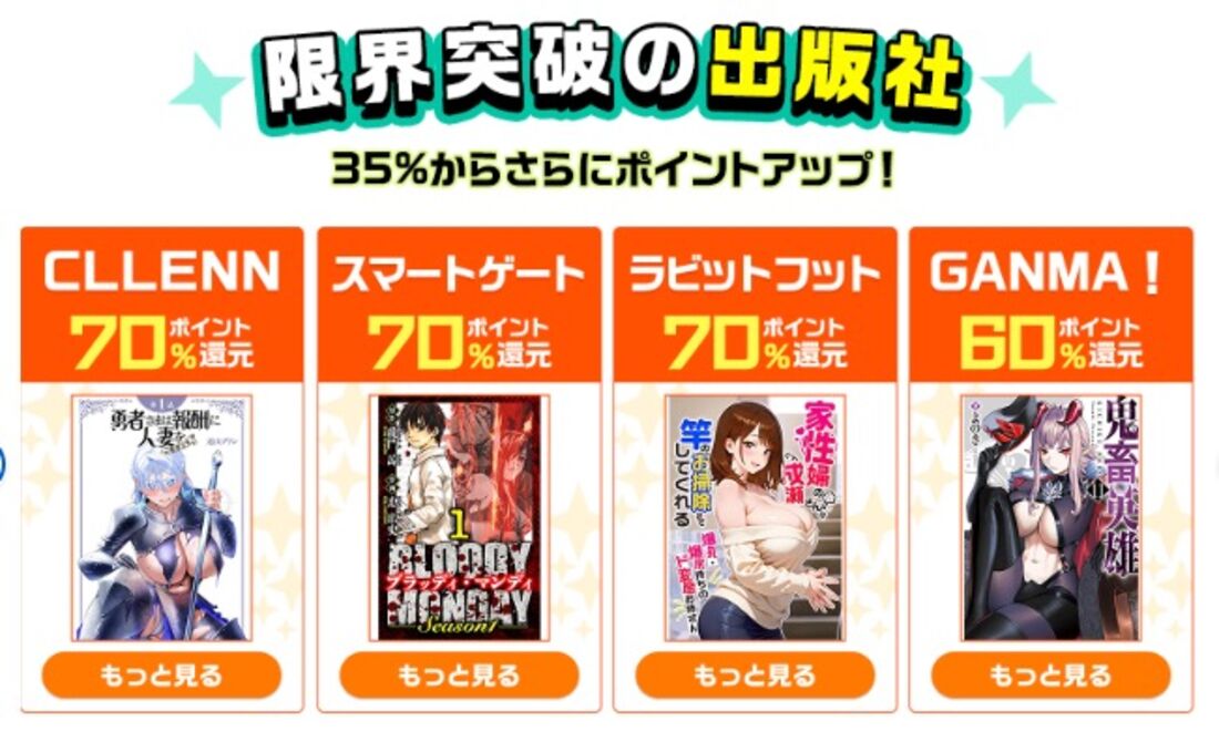 出版社別ポイント還元率アップ（最大70%還元）