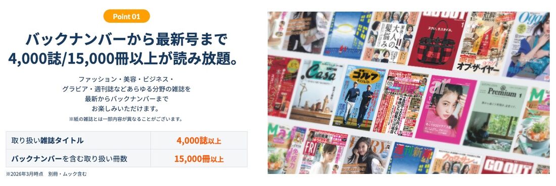 4000誌以上の雑誌が600円程度で読み放題
