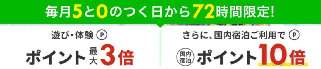 遊び・体験：エントリーでポイント最大3倍（国内宿泊の利用で10倍）