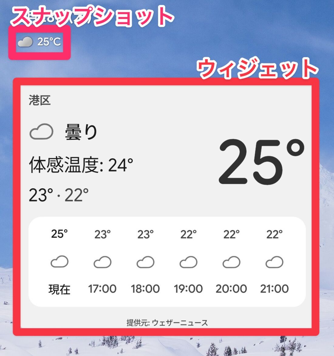Androidスマホのホーム画面（天気予報のウィジェットとスナップショット）