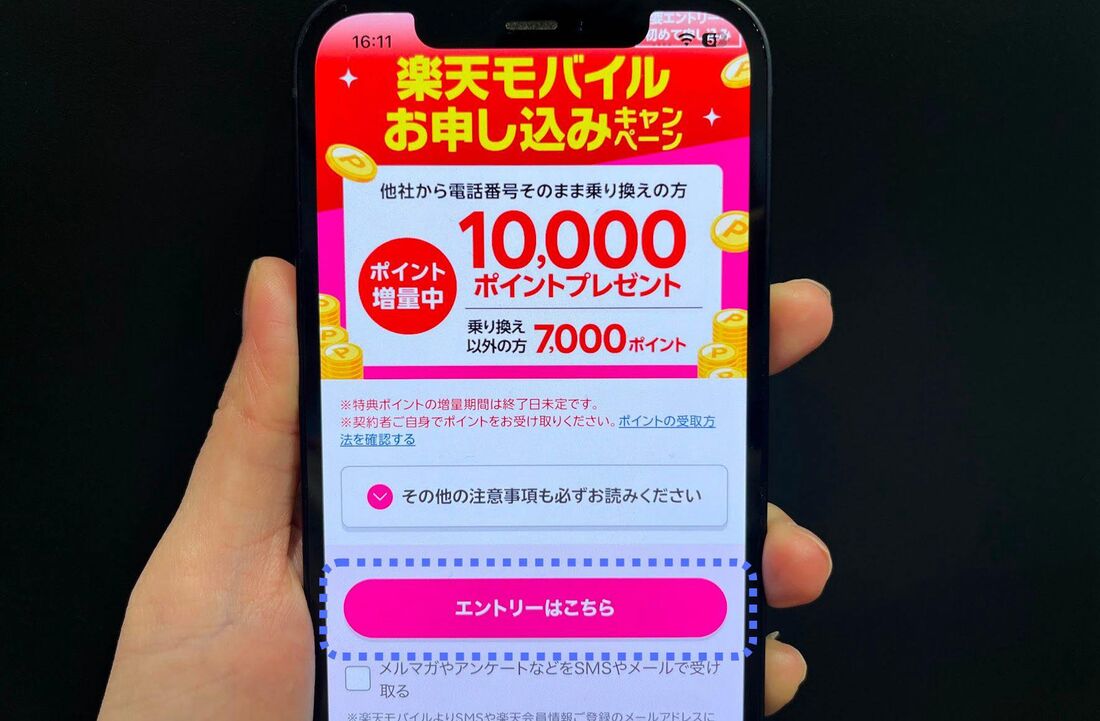 10000ポイントプレゼントキャンペーンの特設ページが表示されるので、「エントリーはこちら」を押す