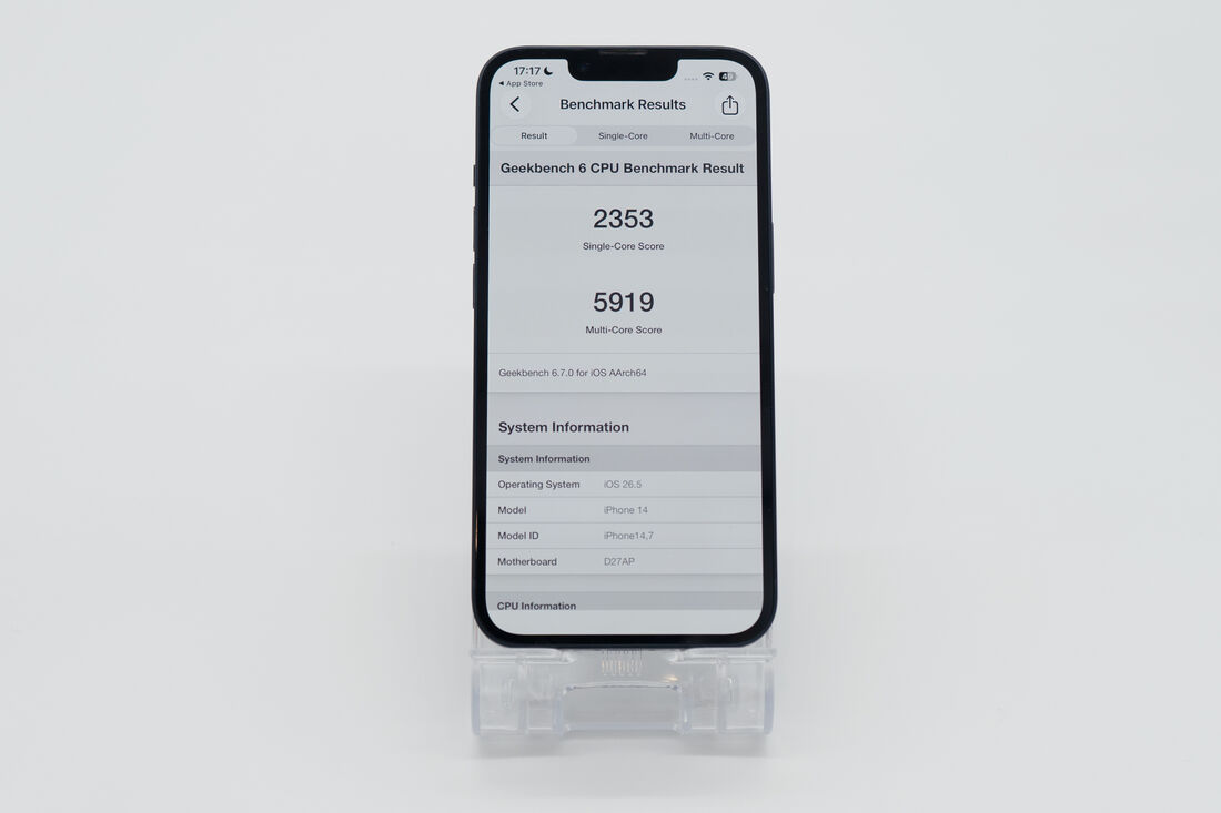 iPhone 14のGeekbench 6ベンチマークスコア（シングルコア：2353、マルチコア：5919）