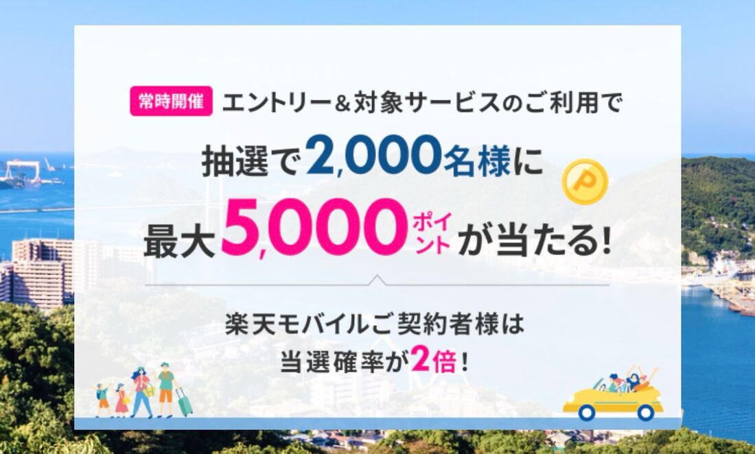 楽天トラベル：抽選で2000名様に最大5000ポイントが当たる !