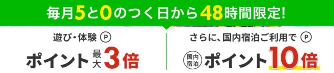 遊び・体験：エントリーでポイント最大3倍（国内宿泊の利用で10倍）