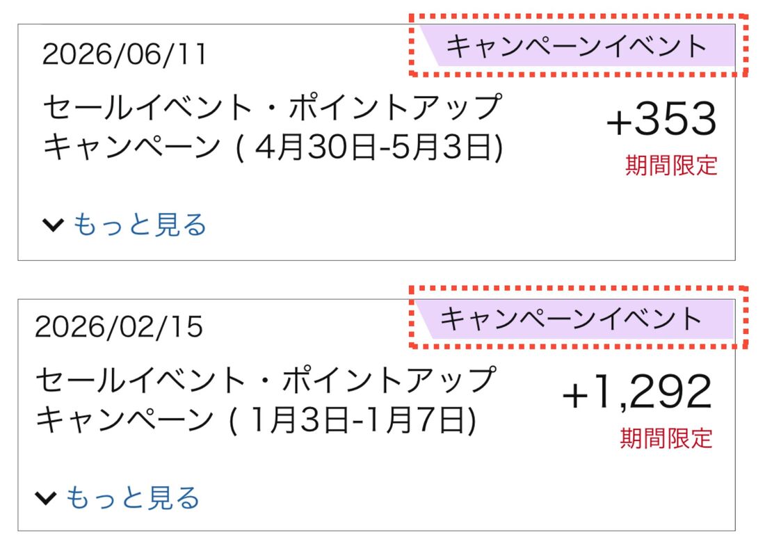 セールイベント・ポイントアップキャンペーンでの獲得履歴は「キャンペーンイベント」のバッジが付与される
