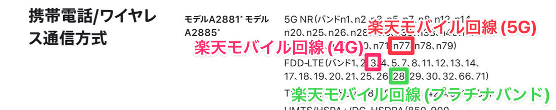 iPhone 14の対応バンド。プラチナバンドにも対応していると考えられる