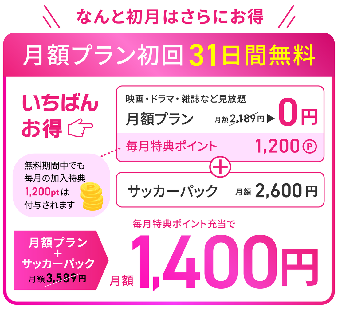 U-NEXT サッカーパック 初月料金