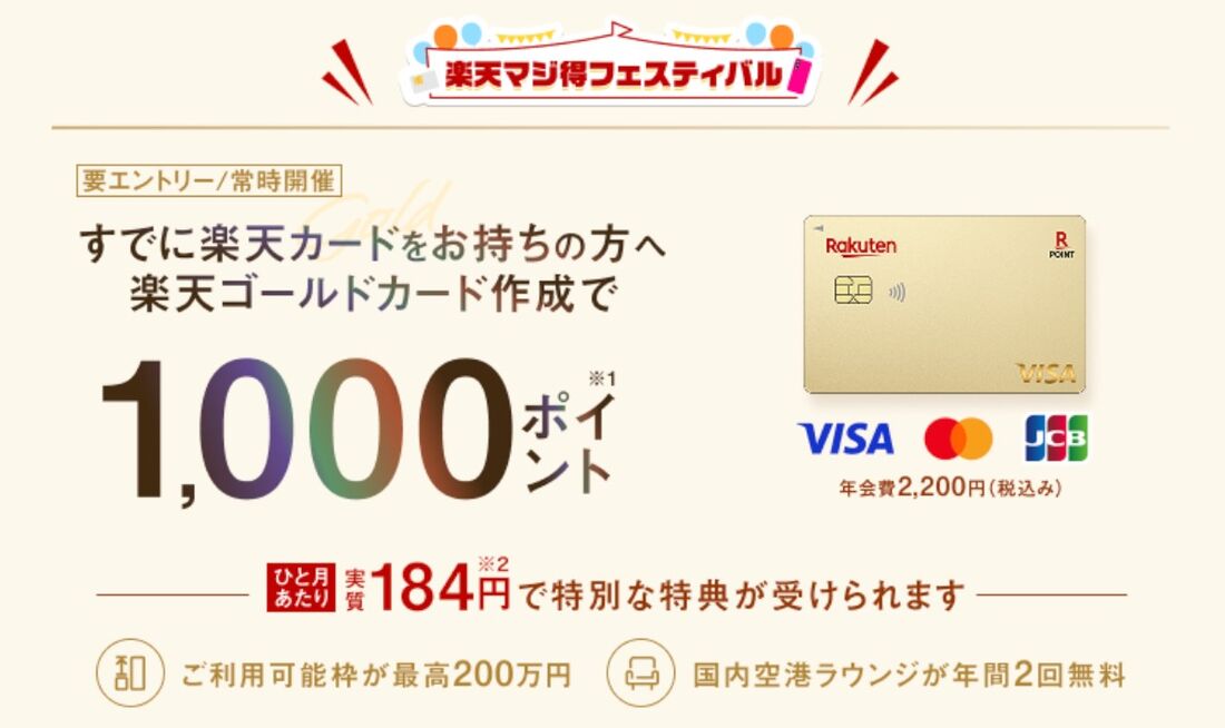 楽天ゴールドカードの作成で1,000ポイント