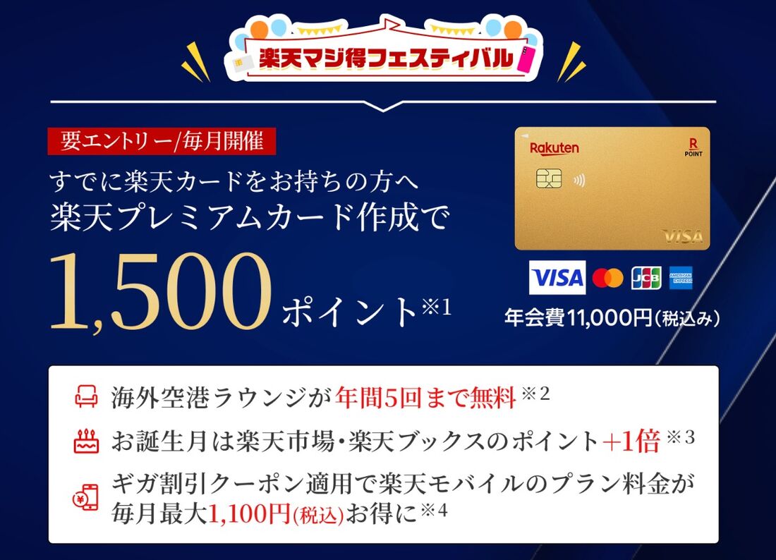 楽天プレミアムカードの作成で1,500ポイント