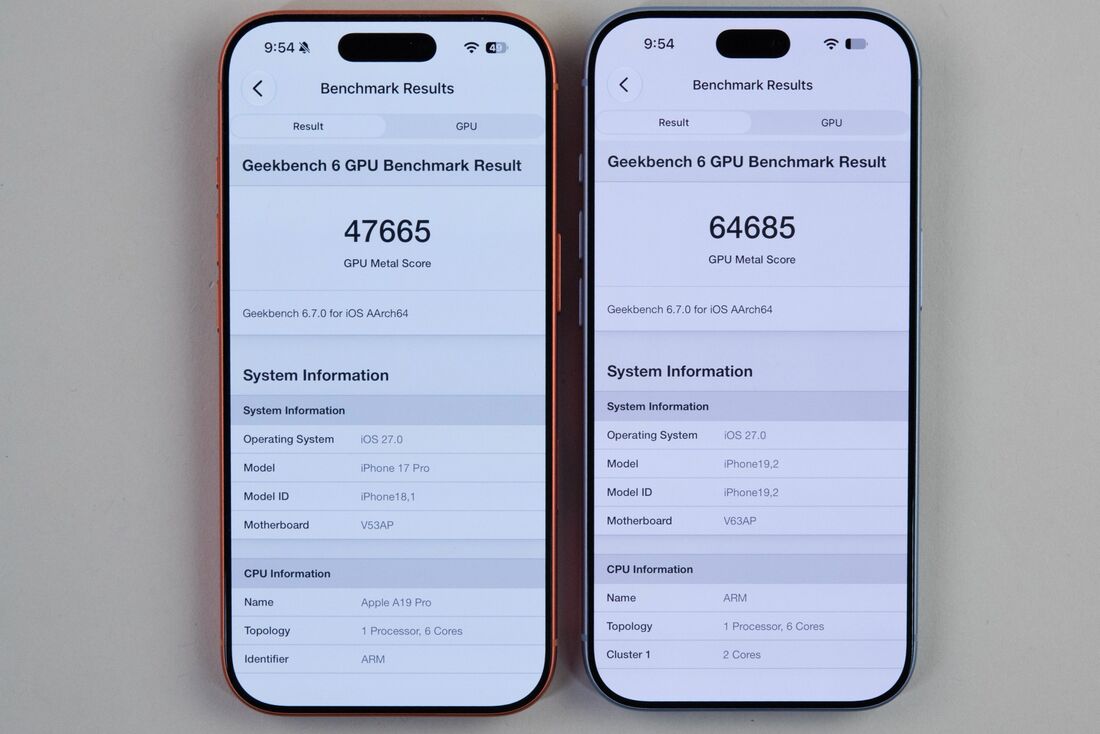 GPU性能も、もちろんiPhone 17 Pro（左）より向上している