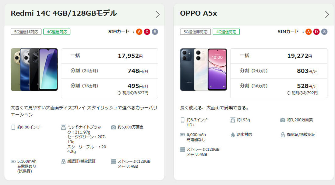 mineo取り扱い端末
