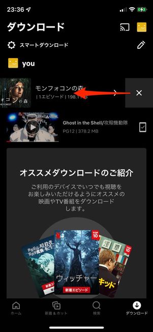 Netflixのダウンロードデータ。左スワイプで削除できる
