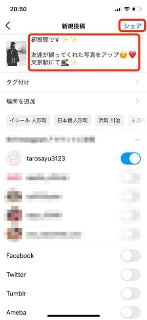 投稿の本文（キャプション）やタグ、位置情報などを追加し投稿をシェア