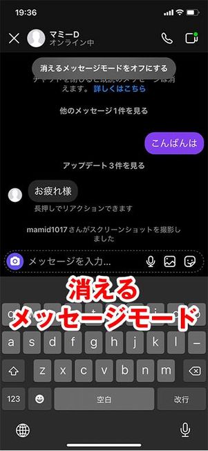 インスタのチャット画面(消えるメッセージモードオン)