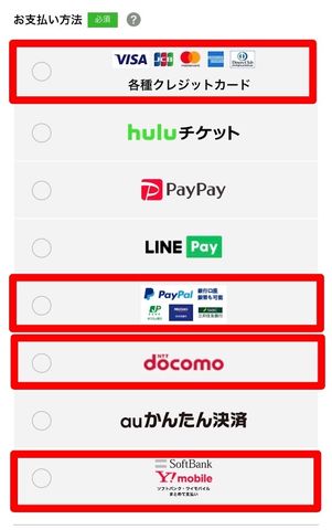 Hulu Huluチケット 併用可能な支払い方法