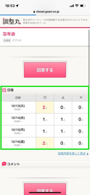 候補日程の出欠状況が一目で確認できる