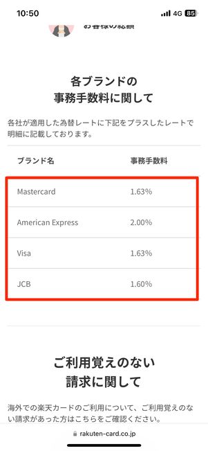 楽天カードの為替手数料(事務手数料)