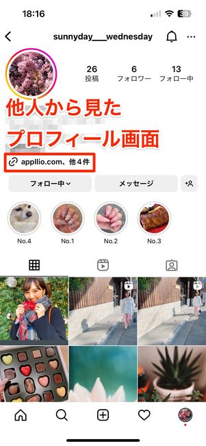 他人から見たプロフィール画面