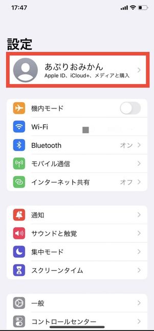 iPhone 設定アプリ Apple ID