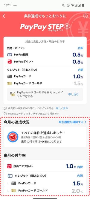 PayPayステップの状況確認画面