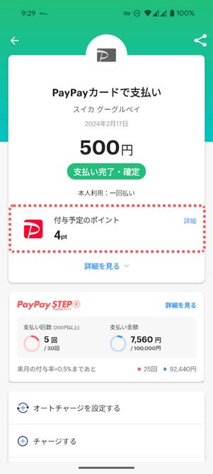 税込500円支払いでは4ポイント貯まった