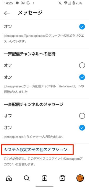 システム設定のその他のオプション