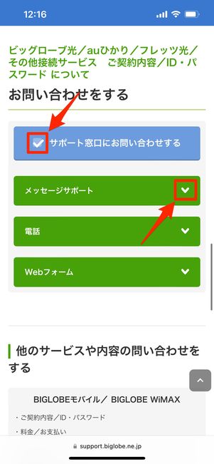 サポート窓口に問い合わせするにチェックを入れる