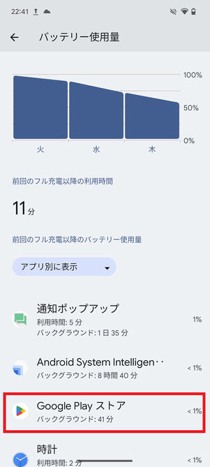 バッテリー使用量画面