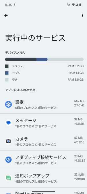 実行中のサービス画面