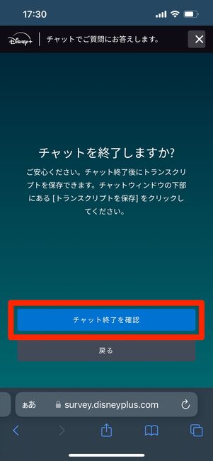 ディズニープラス　問い合わせ　チャット終了