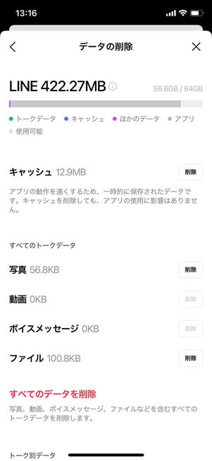 iOS版LINEデータ削除画面