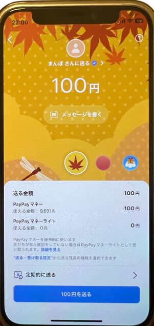 メッセージと背景を設定し、「◯円を送る」をタップ