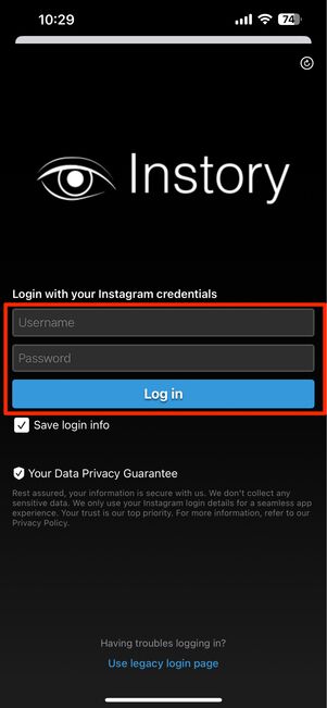 インスタアカウントの情報を入力してログイン