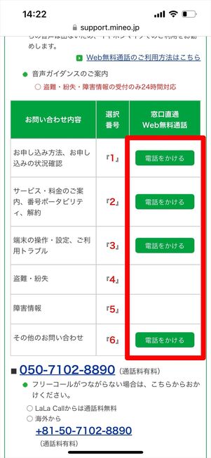 mineo 問い合わせ Web電話