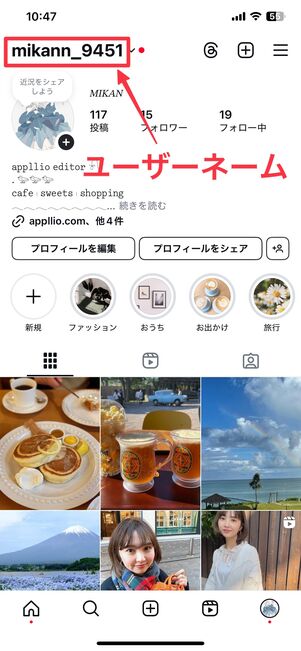 インスタのプロフィール画面でユーザーネームを確認