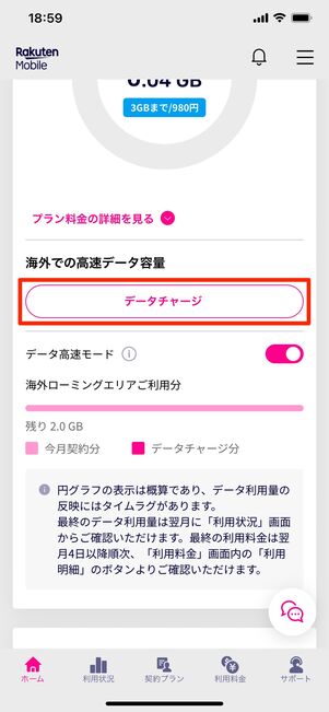 楽天モバイル 海外ローミング データチャージ
