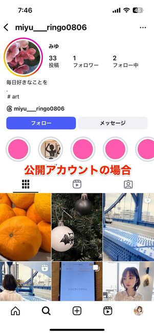 非公開アカウントのストーリー・ハイライトは非表示になる(未承認の相手から見た場合)