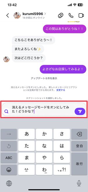 消えるメッセージモード中のチャット画面。メッセージの送信方法などは、通常のDMと同じ