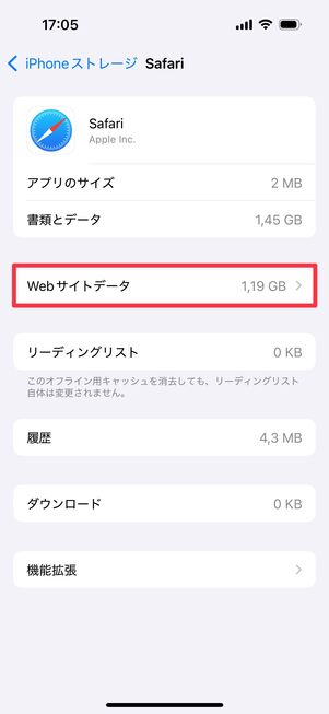「Webサイトデータ」をタップ