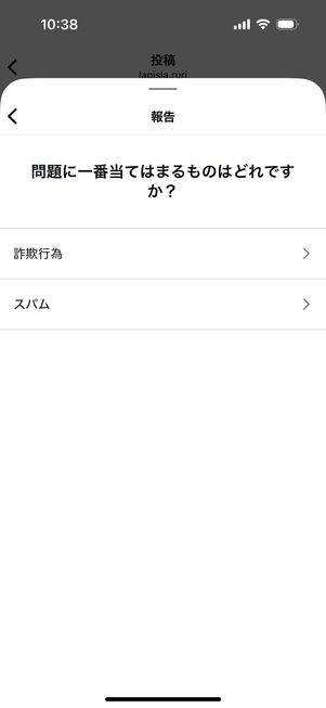 Instagramアプリ：「詐欺またはスパム」を選択すると、「詐欺行為」か「スパム」から選ぶ画面になる