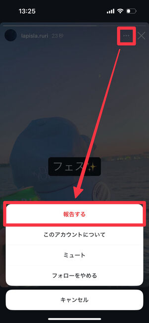 ストーリー画面右上のメニューボタンから「報告する」をタップ